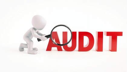 A 3D render of a character examining the word 'Audit' through a magnifying glass, symbolizing scrutiny, checks, or investigation processes in auditing or related concepts. Ideal for business or educat