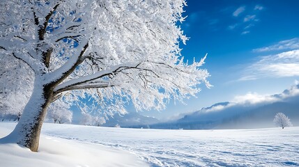 Winter wonderland landscape with snow covered tree. Concept of winter beauty, serenity, and nature.
