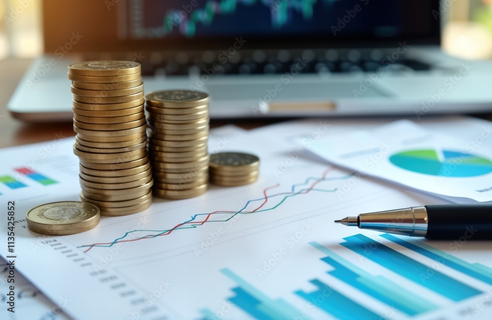 Poster financial documents with charts, graphs. stacks of coins symbolize growing investments. business rep