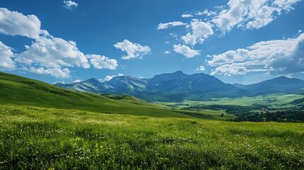 Green valley with mountains and blue sky. Scenic landscape.