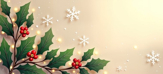 Festive Christmas email signature design. Elegant, pro holly leaves, berries adorn light beige background with white paper snowflakes. Holiday theme. Simple, minimalist design. Perfect for Christmas