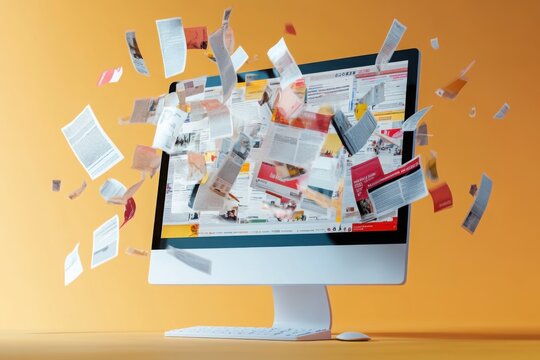 Digital explosion of documents and papers bursting from a computer screen on a yellow background, symbolizing information overload