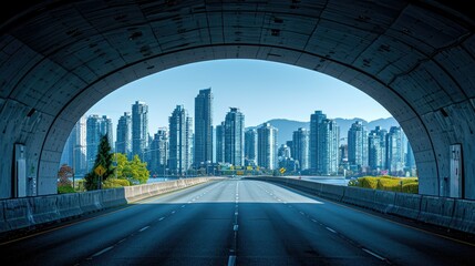 Fototapeta premium A view of a city skyline through a tunnel, showcasing modern architecture and urban life.