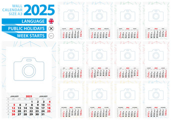 A3 size wall calendar 2025 year with abstract lined background and place for you photo.