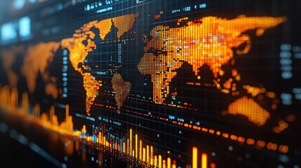 Global data visualization display with world map and various financial data charts.