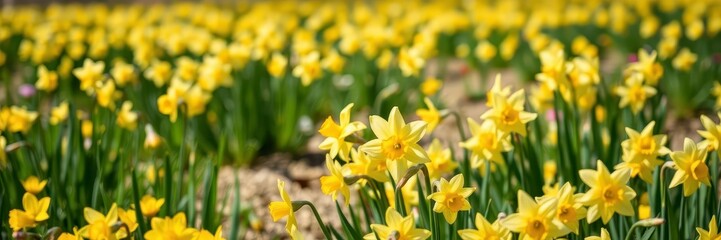 Obraz premium A beautiful field filled with vibrant yellow daffodil flowers under the bright sun, landscape, field, daffodils
