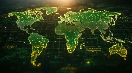 Global network map, digital world map, glowing green continents on dark background with grid pattern.