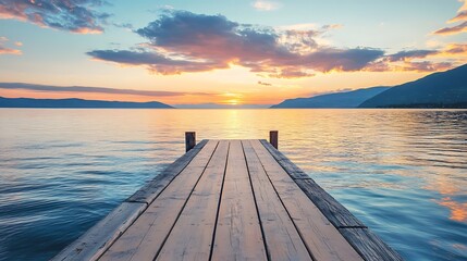 Peaceful Lakeside Sunset from Wooden Pier. Tranquil Nature Scene.