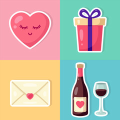 Set of sty. Valentines day. Cute holiday elements. Vector illustration in flat style