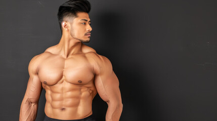 Fototapeta premium A strong and toned male bodybuilder showcases impressive muscles against a dramatic black backdrop.