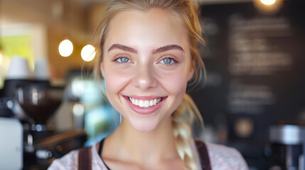 A cheerful young barista greets customers with a warm smile at the entrance of the inviting coffee shop.