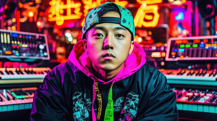 Obraz premium A striking portrait of an Asian rapper deep in music production, surrounded by vibrant neon lights and studio gear.