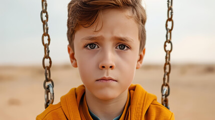 A young boy sits alone on a swing, lost in thought, with a melancholic expression under the wide open sky.