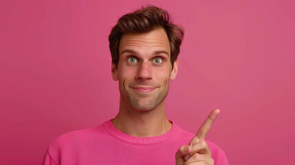 A curious man gestures skyward, his finger directed at an unseen object of interest, sparking intrigue and wonder.