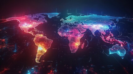 Global network map with glowing, digital world map overlay.
