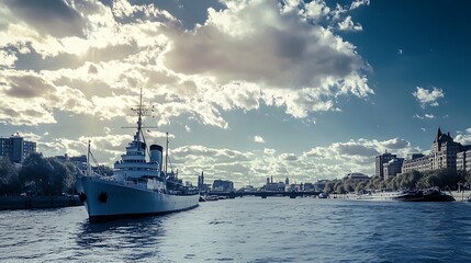 Obraz premium Historic Warship on River Thames, London. Cityscape, Clouds, Sunlight