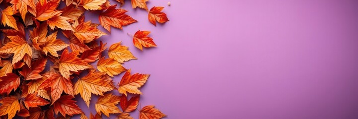 Dry orange metallic leaves arranged in a captivating pattern on a violet background, nature, pattern, autumn