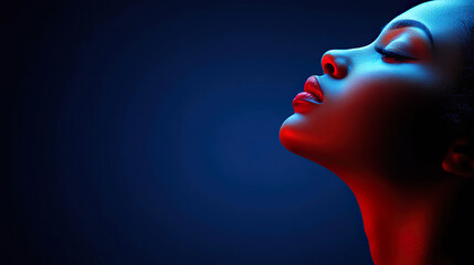 Profile portrait of a woman illuminated with blue and red lights on a dark background. Generated with AI.