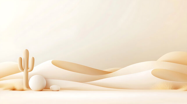 Minimalist desert landscape with soft sand dunes, cactus, and stones. serene and calming scene that evokes tranquility and peace