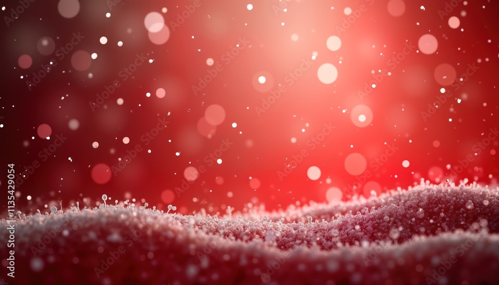 Poster red background with falling snow. close-up of snow details. festive winter backdrop with bokeh effec
