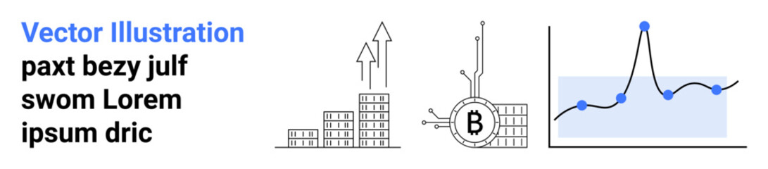 Cryptocurrency symbol with circuit lines, bar graph with rising arrows, and a line graph with data points. Ideal for finance, investment, technology, business development, economic growth, market