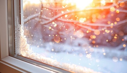 Winter Wonderland Through Frosted Window, Snow Falling, Warm Glow Inside During Golden Hour