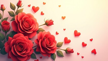 Composición artística de San Valentín con rosas y corazones, fondo vainilla y espacio para texto personalizado. Tarjeta de san Valentín