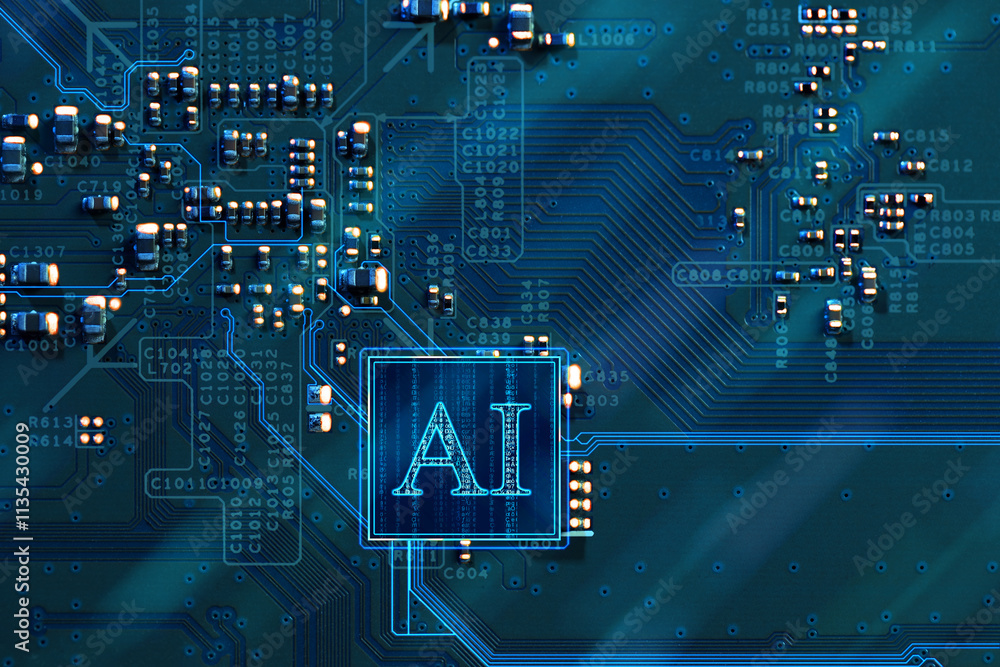 Poster artificial intelligence. electronic chip with ai abbreviation on circuit board, top view