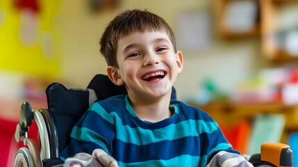 A cheerful boy with a disability in a rehabilitation center for children with special needs.