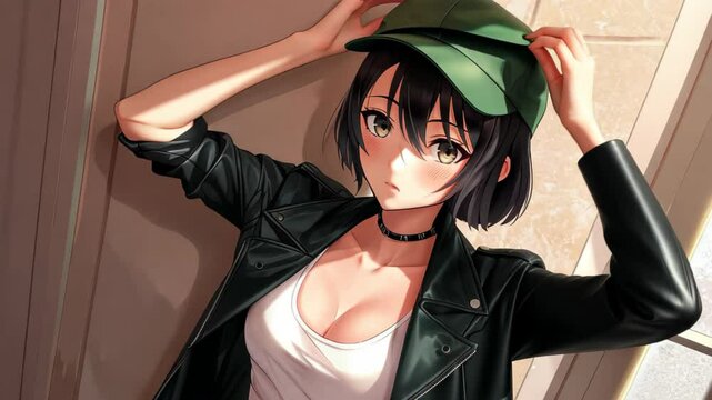 Stylish girl in black leather coat, white bustier, leather skirt, canvas shoes, green cap