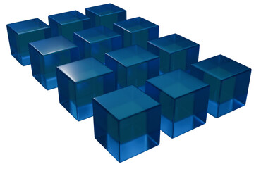Glass cubes arranged in a row with a light blue color