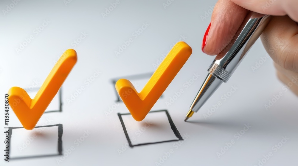 Poster a professional uses a pen to mark checkboxes on a checklist, ensuring effective monitoring and asses