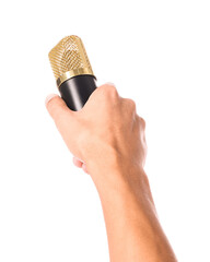 Man with microphone isolated on white, closeup