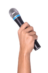 Man with microphone isolated on white, closeup