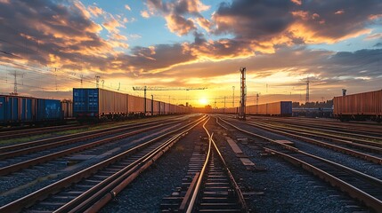 Fototapeta premium Sunset over Railroad Tracks and Cargo Containers. Concept of Global Trade and Logistics.