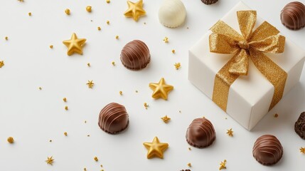 Chrismas ballstmas composition gift box chocolate candies Christmas tree branch and Christ