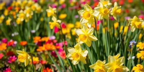 Obraz premium Vibrant daffodil flowers blooming in a sunny field, daffodils, outdoors, colorful
