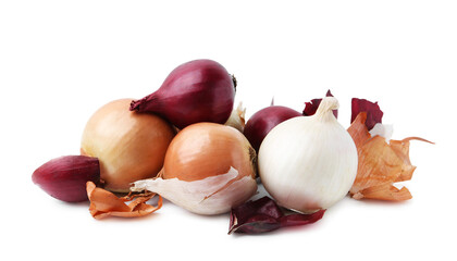 Fresh onions with peels isolated on white