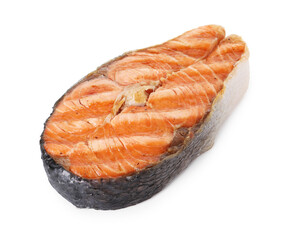 One tasty grilled salmon steak isolated on white