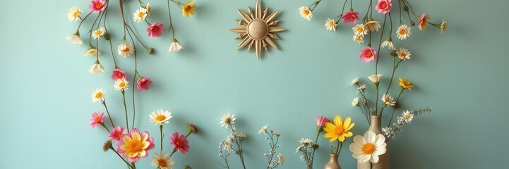 Obraz premium Vintage style artificial flowers wall background perfect for adding a touch of retro charm to any space, flowers, decoration