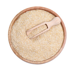 Oat bran in bowl and scoop isolated on white, top view