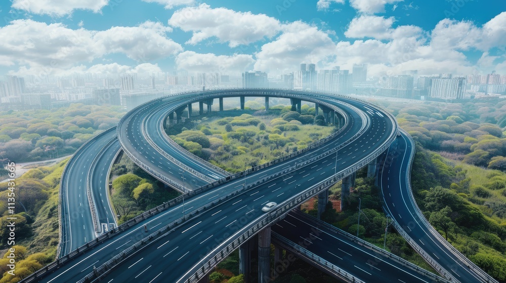 Poster aerial view of a complex highway interchange surrounded by greenery and urban development.