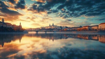 Sunrise over the city reflected in the river. Beautiful cityscape at dawn.