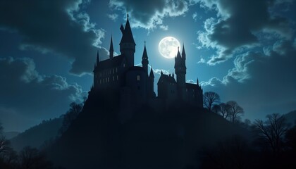 Majestic castle silhouette atop hill under dramatic night sky. Moonlight illuminates ancient structure. Dramatic clouds swirl around moon. Enchanting scenery. Mysterious ambiance. Perfect for fantasy