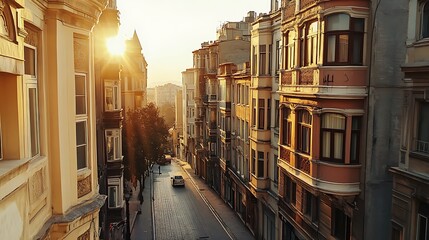 Fototapeta premium Golden Hour Street in Old City. Urban Architecture, Travel Destination.