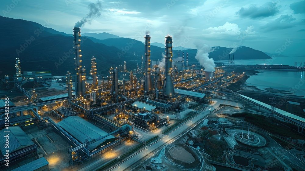 Poster aerial view of an industrial complex with smoke stacks and illuminated structures at dusk.