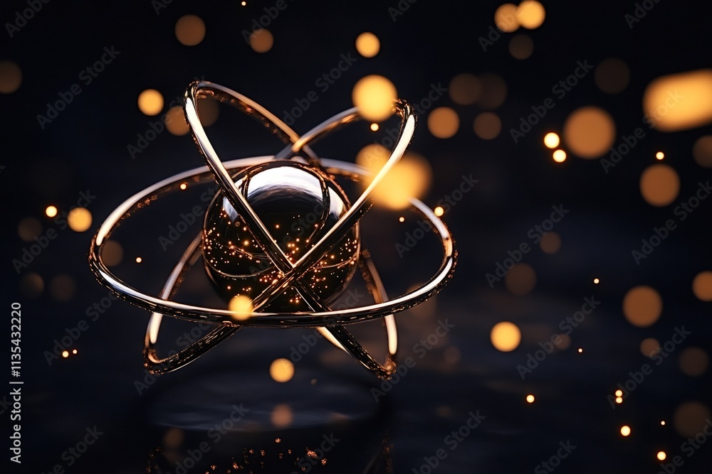 Poster golden atom with electrons rotating around nucleus is emitting light particles in a dark empty space