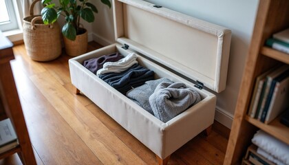 Small apartment space with a functional storage ottoman containing vacuum-sealed bags of out-of-season items