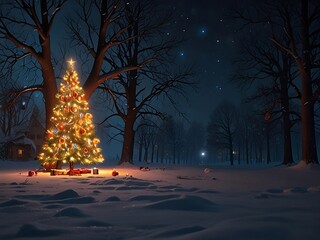 Enchanting Nighttime Winter Scene with Illuminated Christmas Tree in Snowy Forest