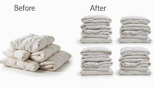 Comparison before and after: reduction of vacuum-packed items volume by four times for storage space saving